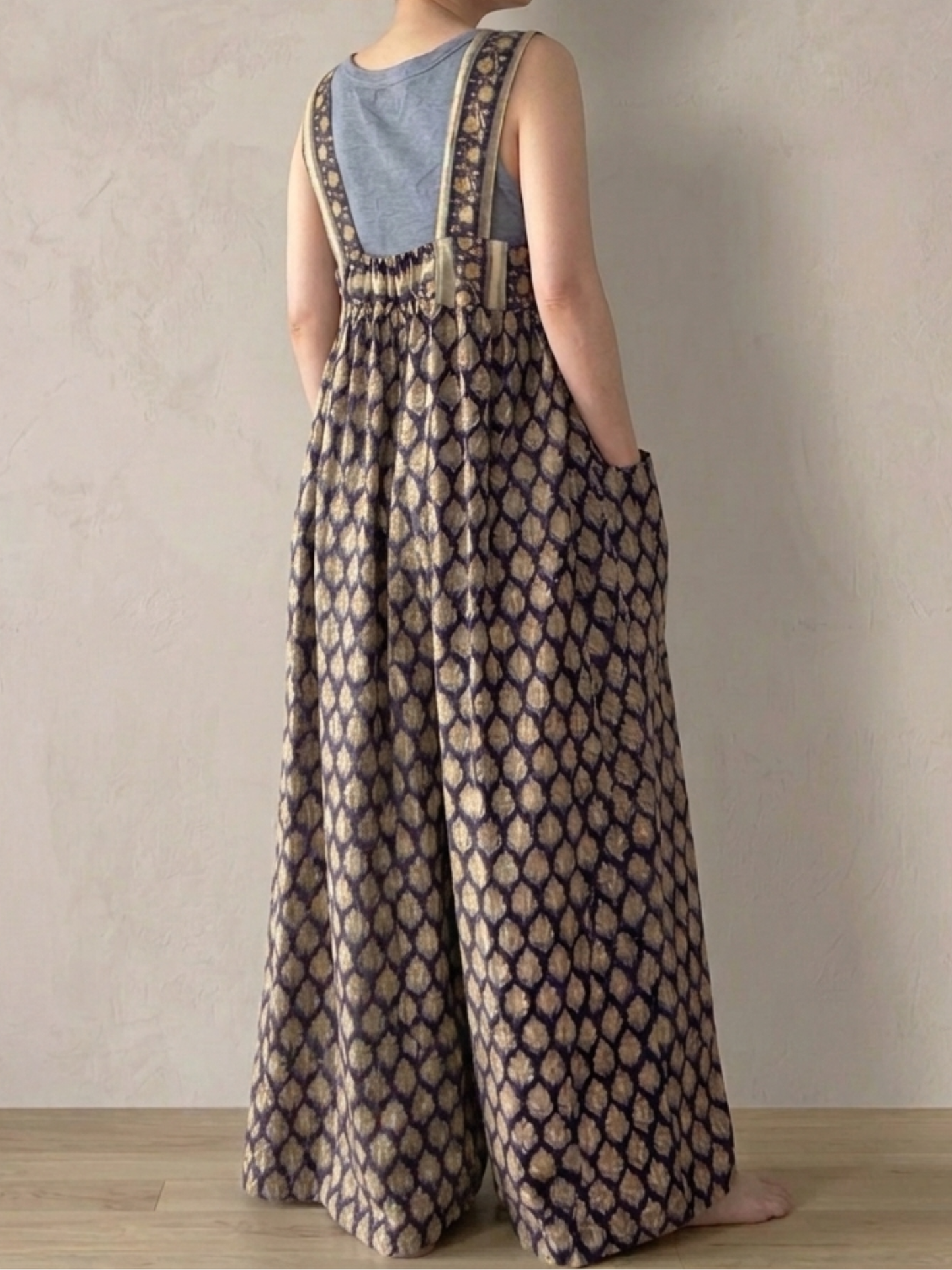 【custom order】Hand Block Print Relax Wide-leg Jumpsuit