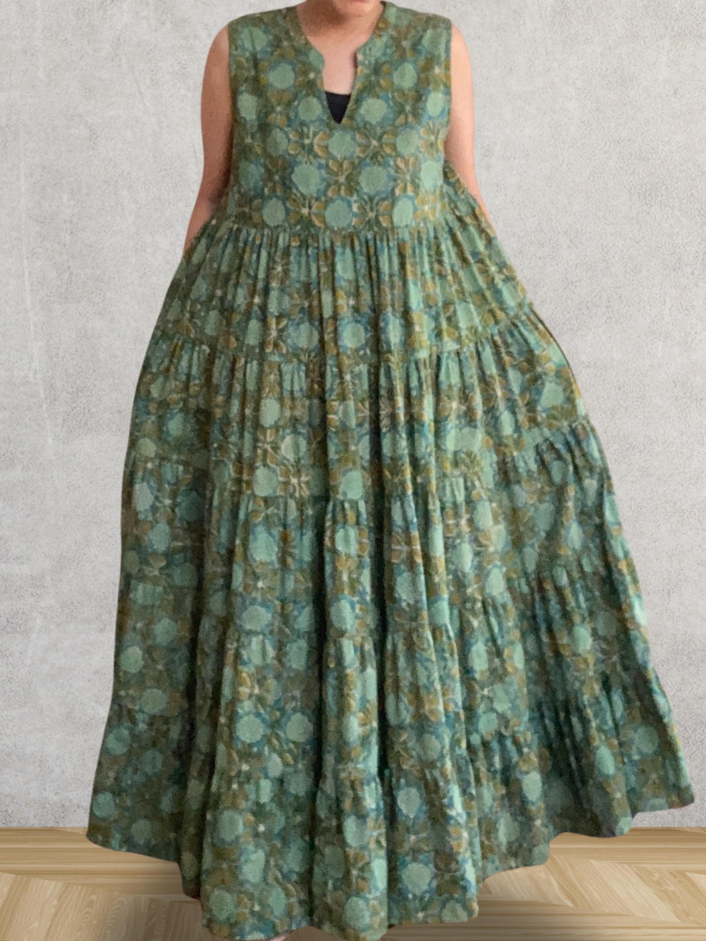 【custom order】ハンドブロックプリント ノースリーブ ティアード ワンピース #Rose