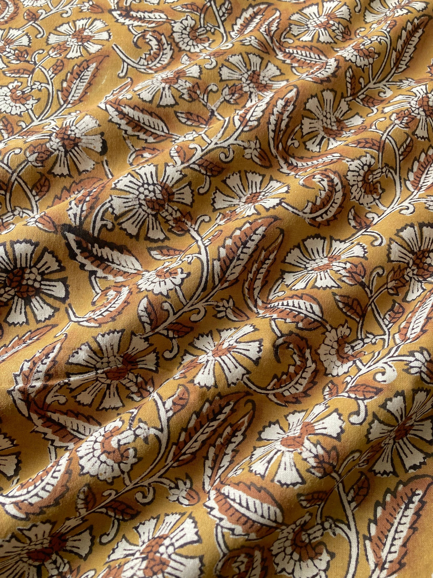 Hand Block Printed Bagru Mustard Yellow Cotton Fabric  #247-1