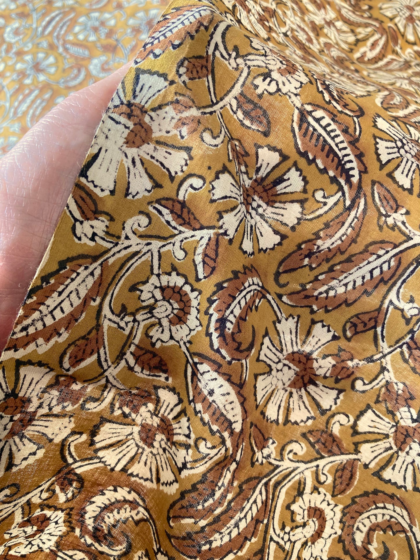 Hand Block Printed Bagru Mustard Yellow Cotton Fabric  #247-1