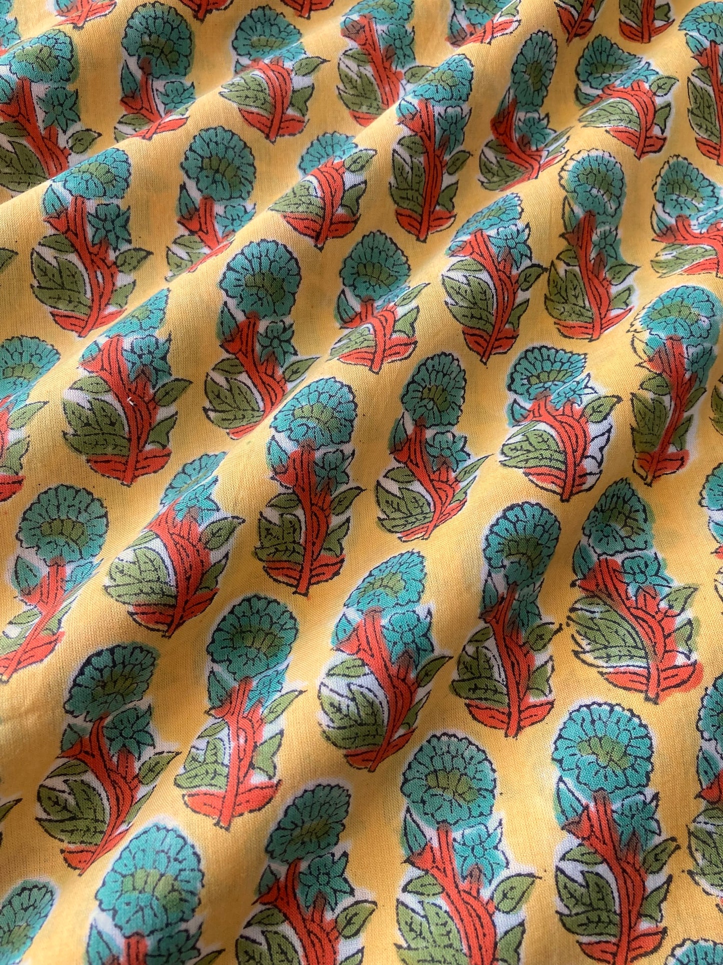 Hand Block Print Yellow Floral Cotton Fabric  #249-24