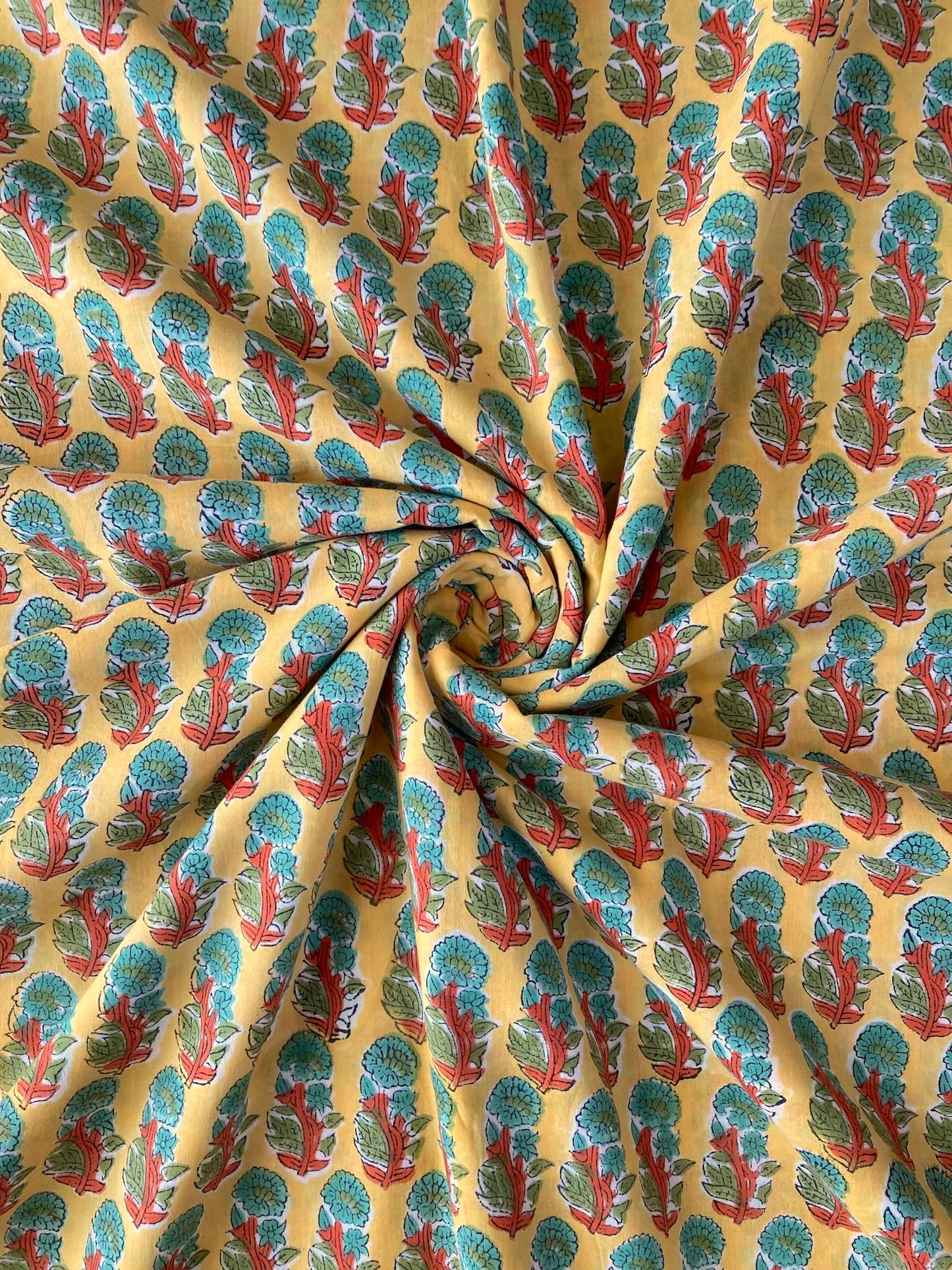 Hand Block Print Yellow Floral Cotton Fabric  #249-24