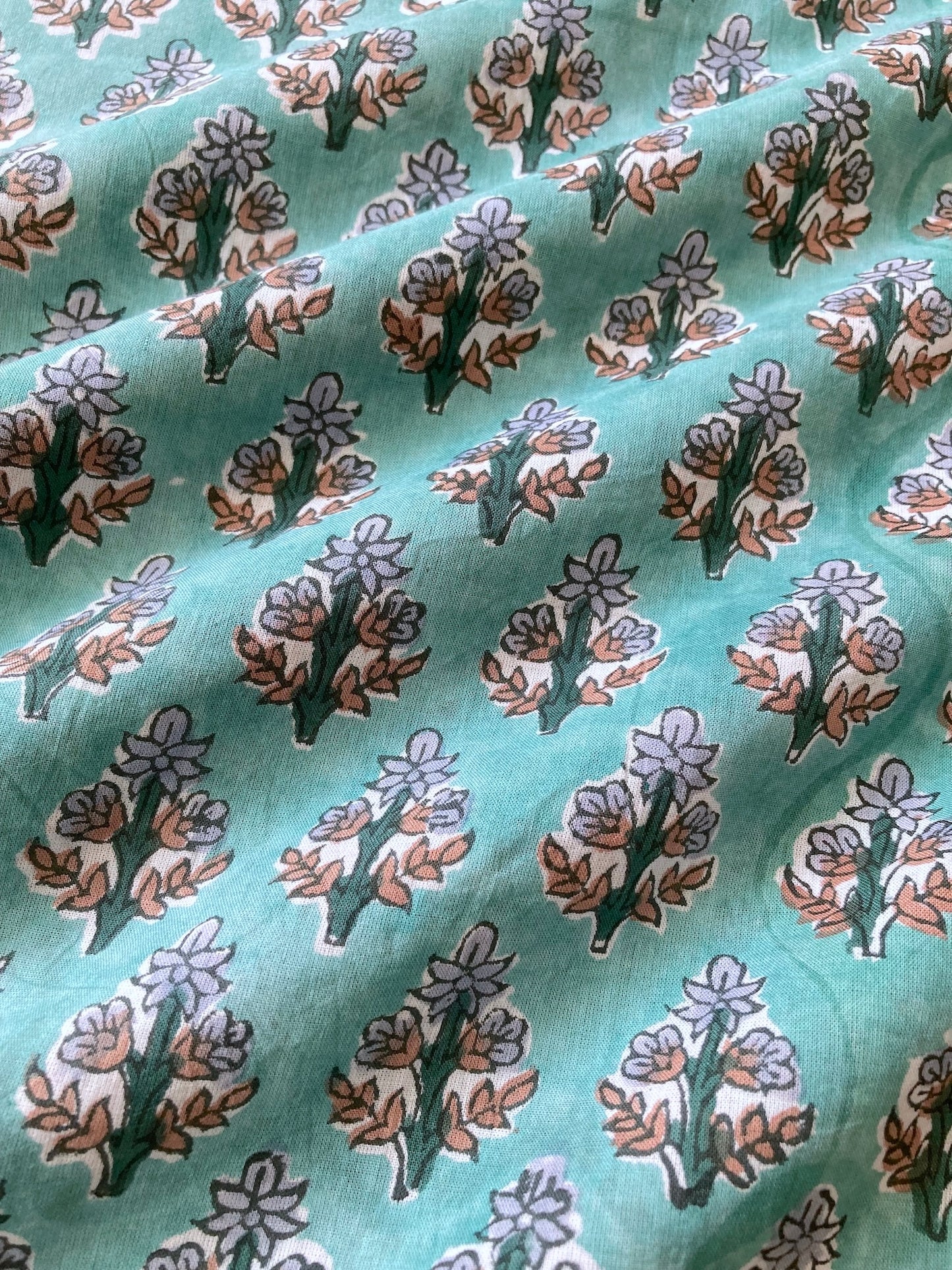 Hand Block Print Turquoise Floral Cotton Fabric  #264-11