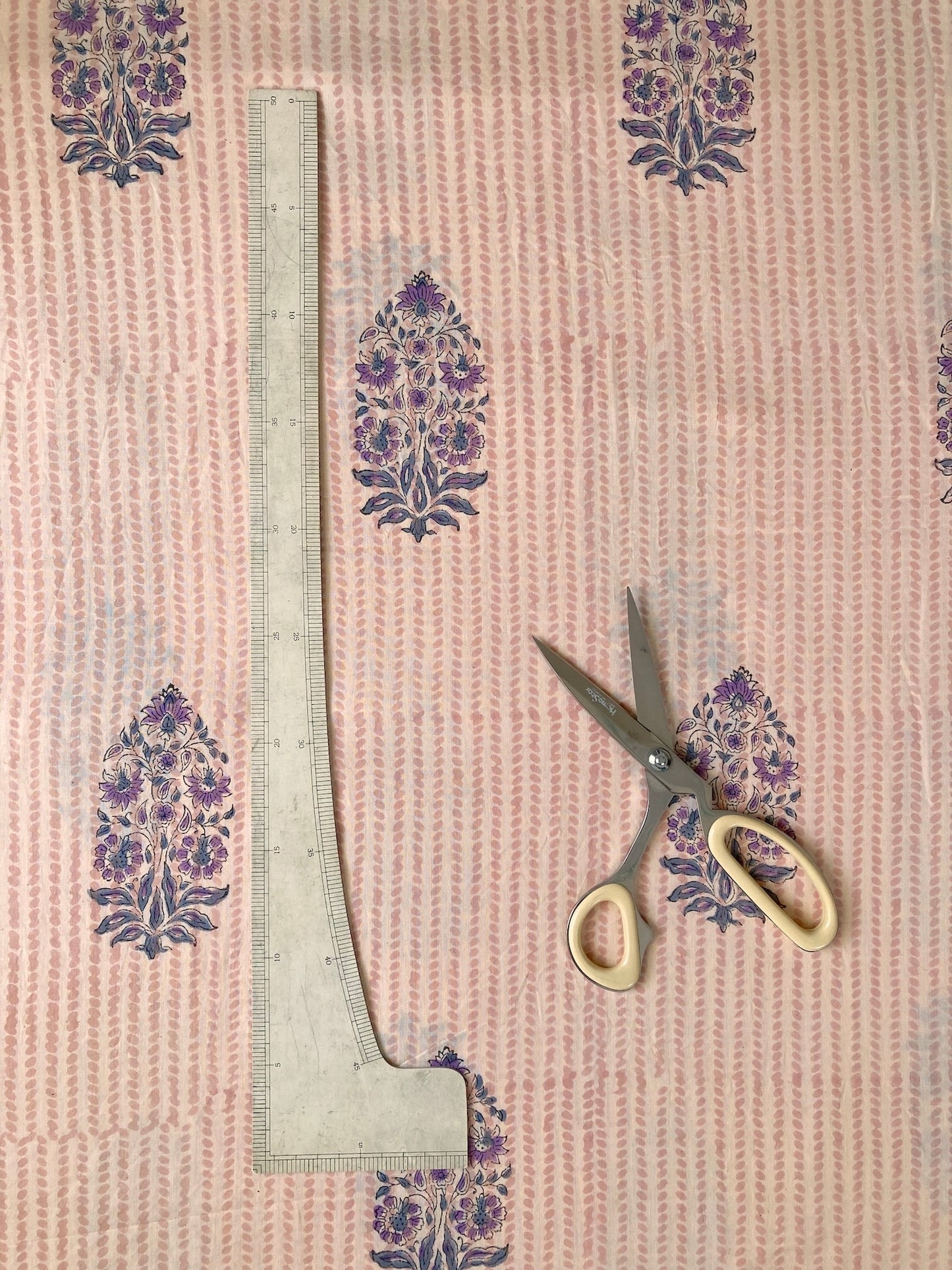 Hand Block Print Natural x Purple Floral Cotton Fabric  #264-8