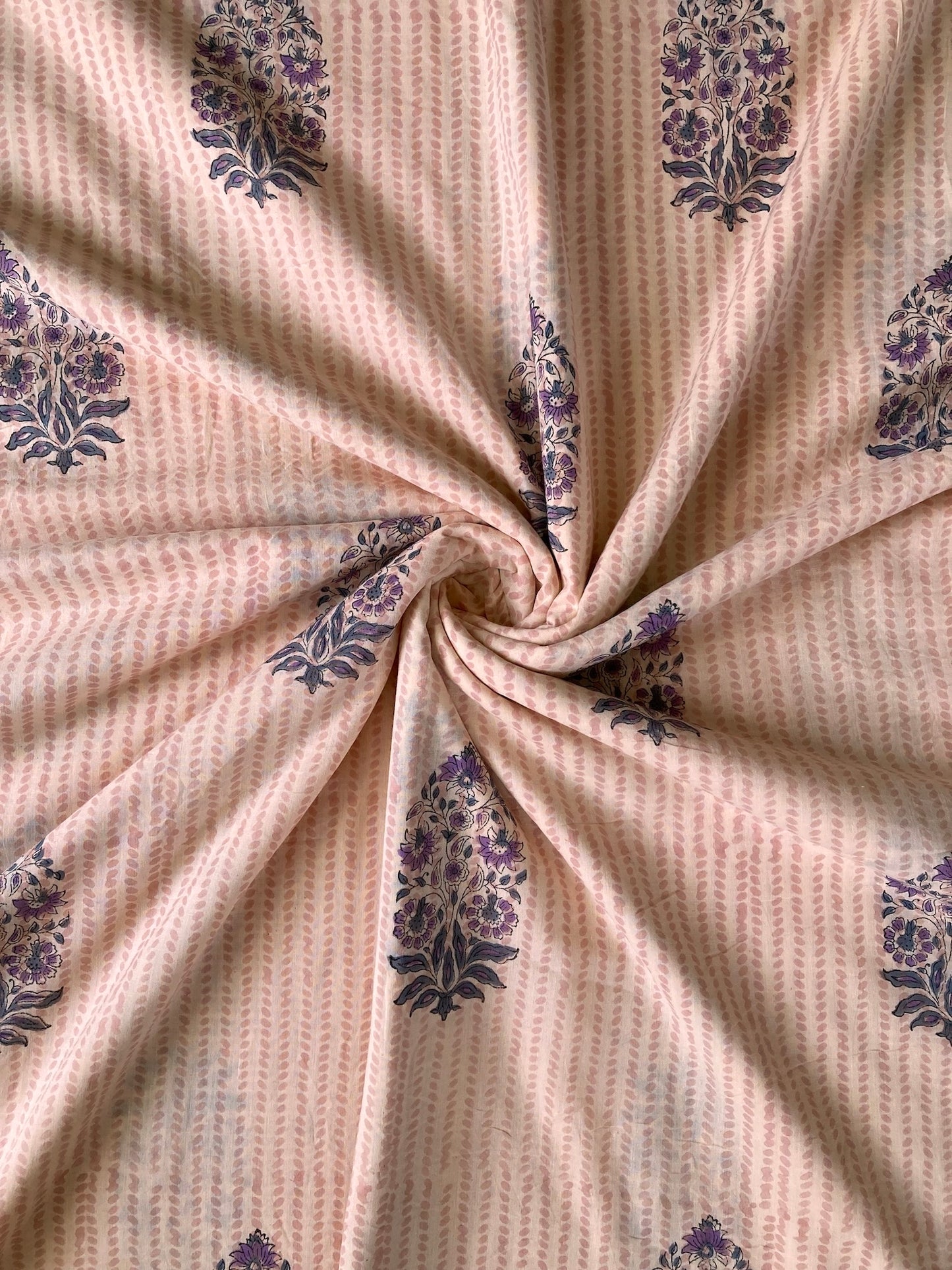 Hand Block Print Natural x Purple Floral Cotton Fabric  #264-8