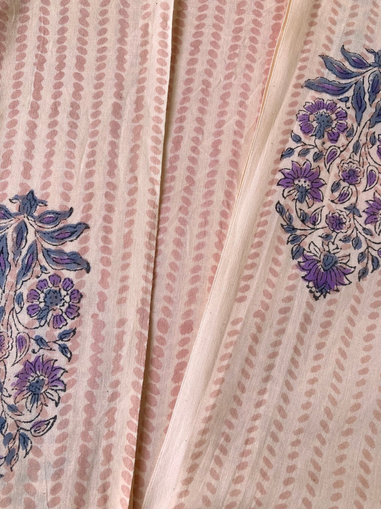 Hand Block Print Natural x Purple Floral Cotton Fabric  #264-8