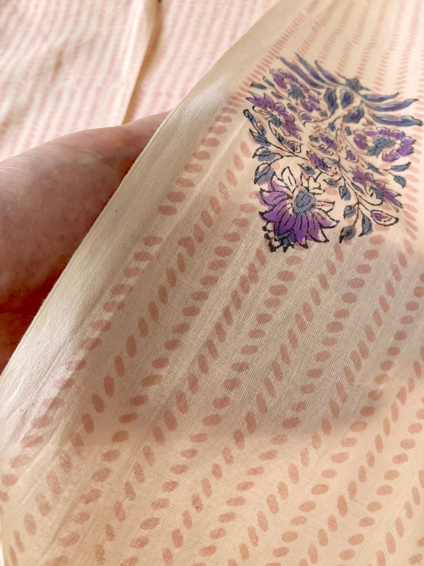 Hand Block Print Natural x Purple Floral Cotton Fabric  #264-8