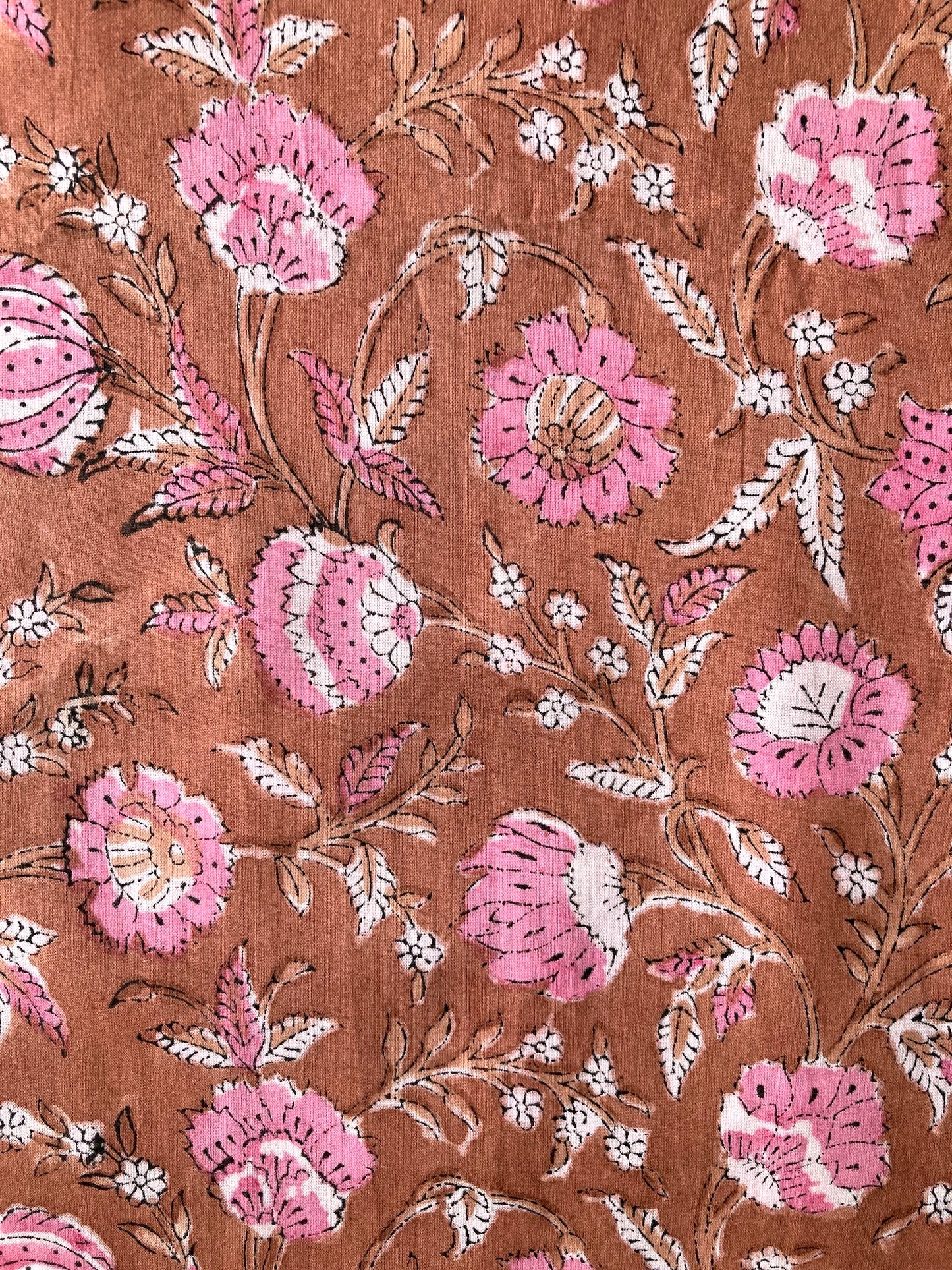 Hand Block Print Brown x Pink Cotton Fabric  #273-12