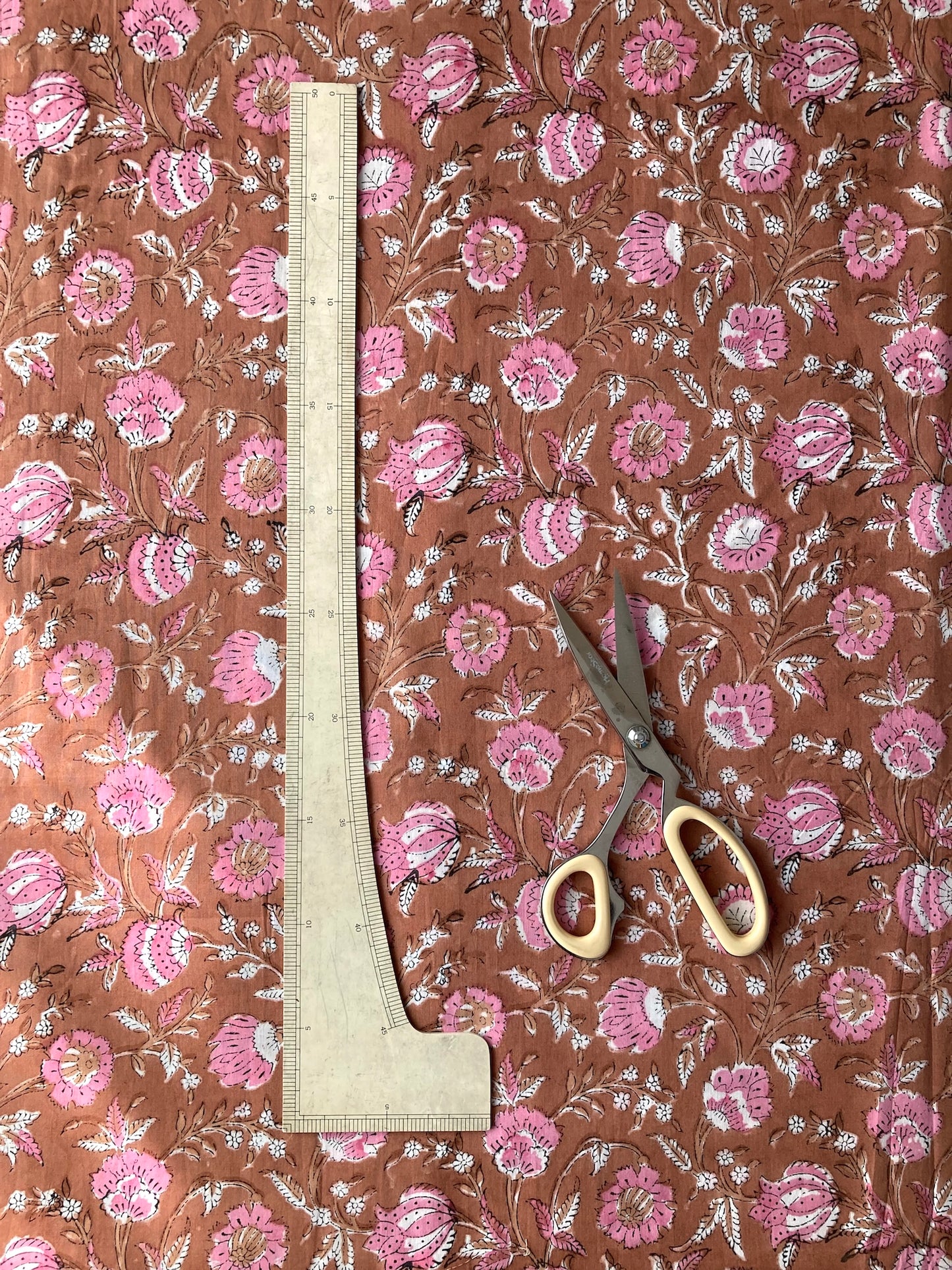 Hand Block Print Brown x Pink Cotton Fabric  #273-12