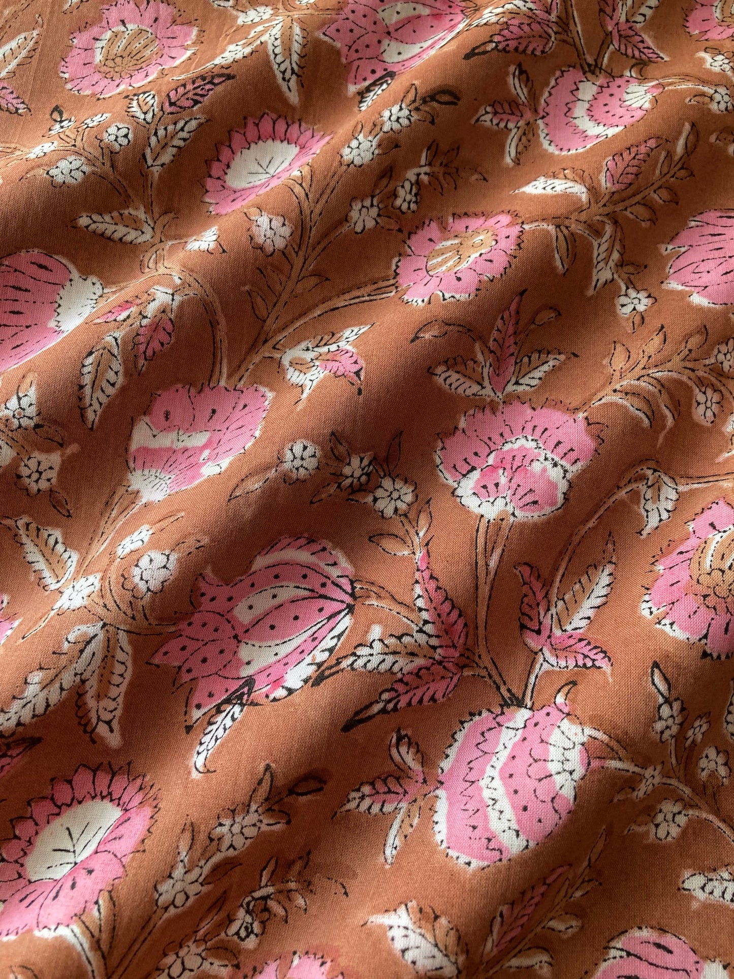 Hand Block Print Brown x Pink Cotton Fabric  #273-12