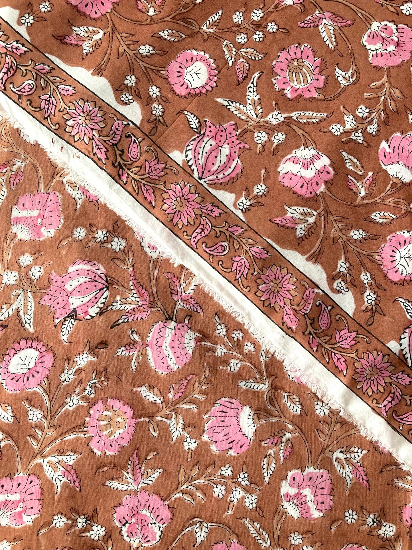 Hand Block Print Brown x Pink Cotton Fabric  #273-12