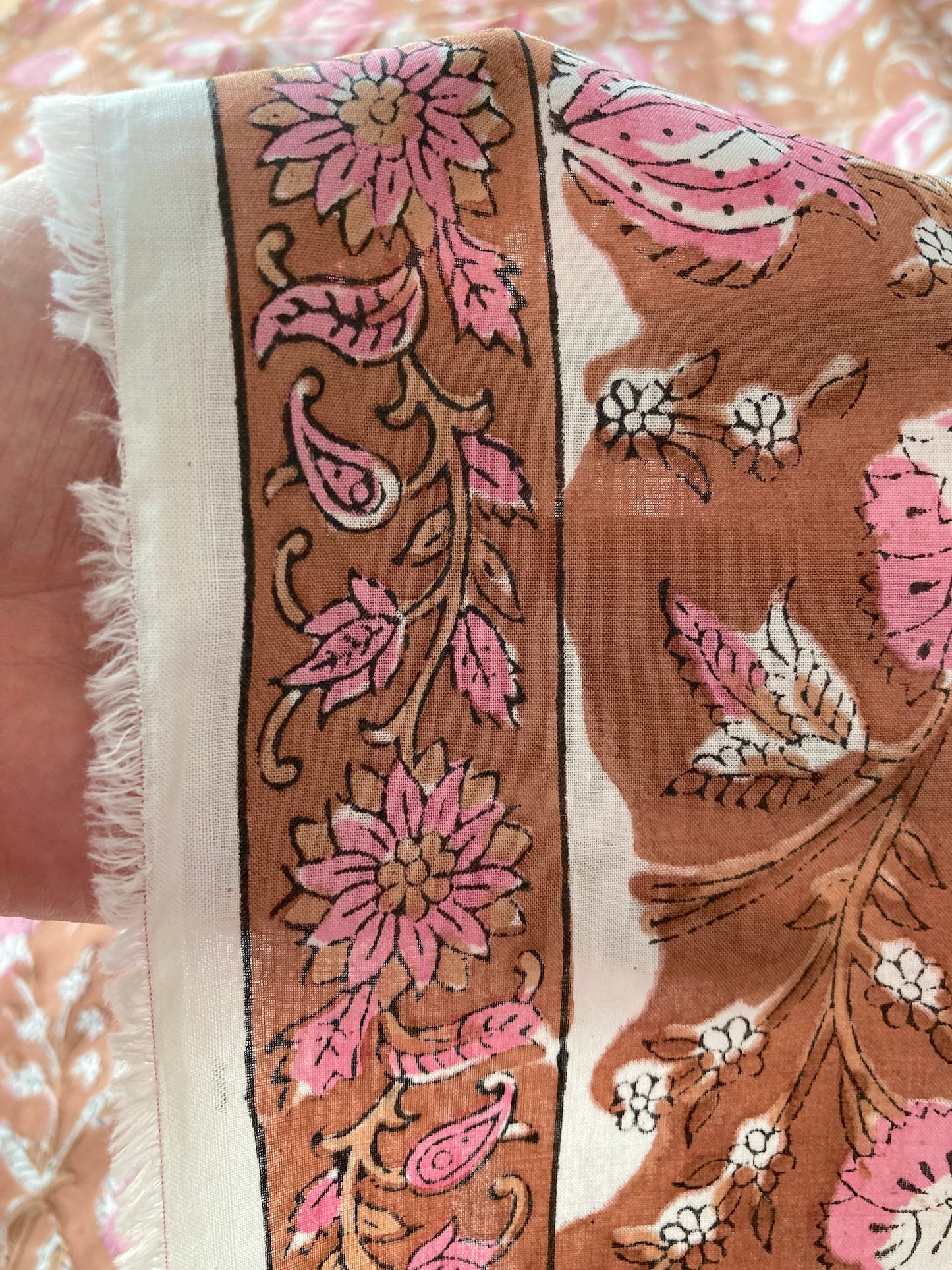 Hand Block Print Brown x Pink Cotton Fabric  #273-12