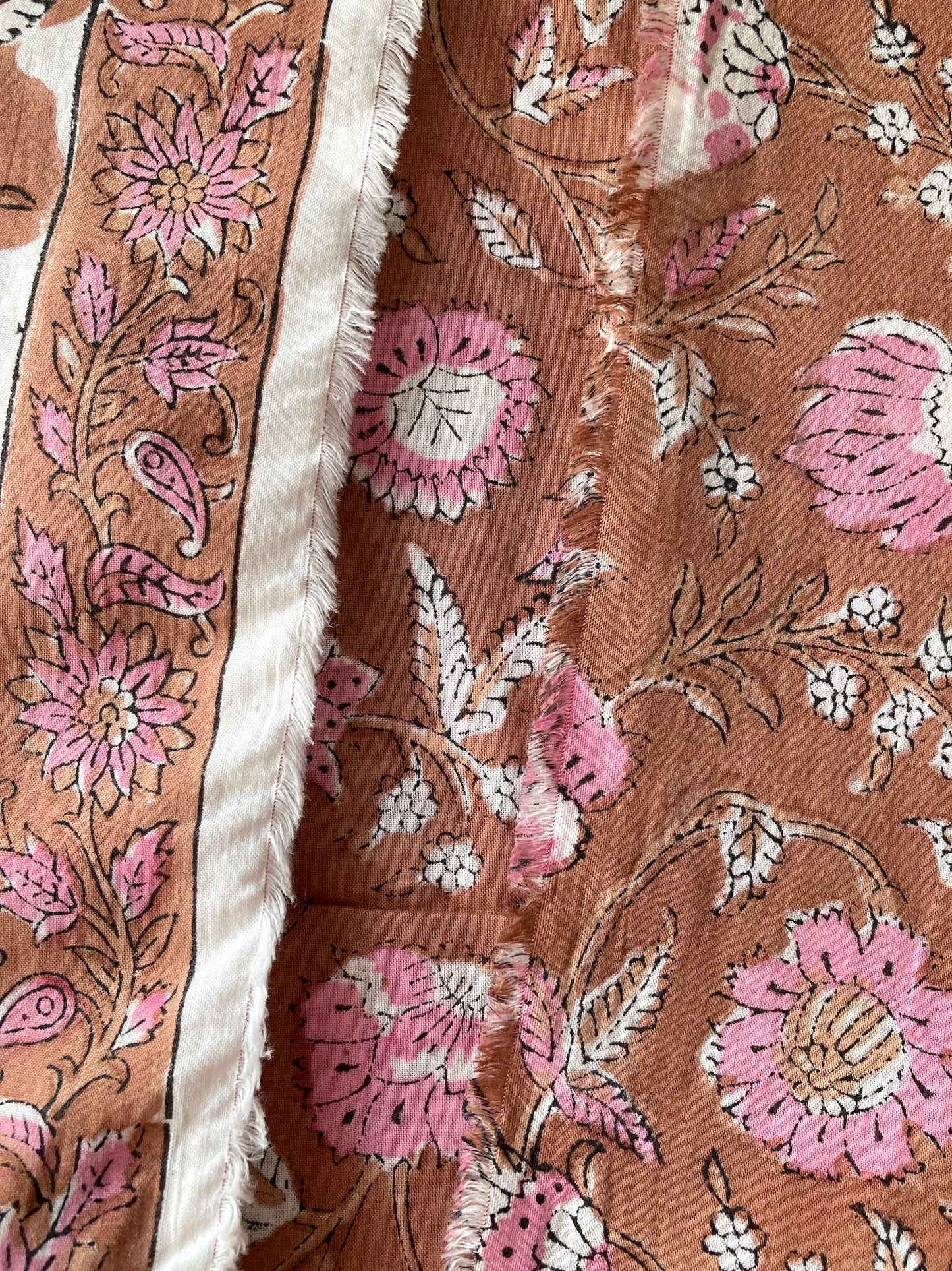 Hand Block Print Brown x Pink Cotton Fabric  #273-12