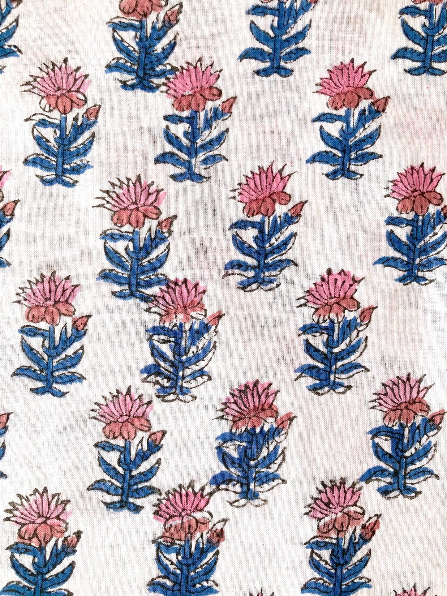 Hand Block Print White Floral Cotton Fabric  #273-14