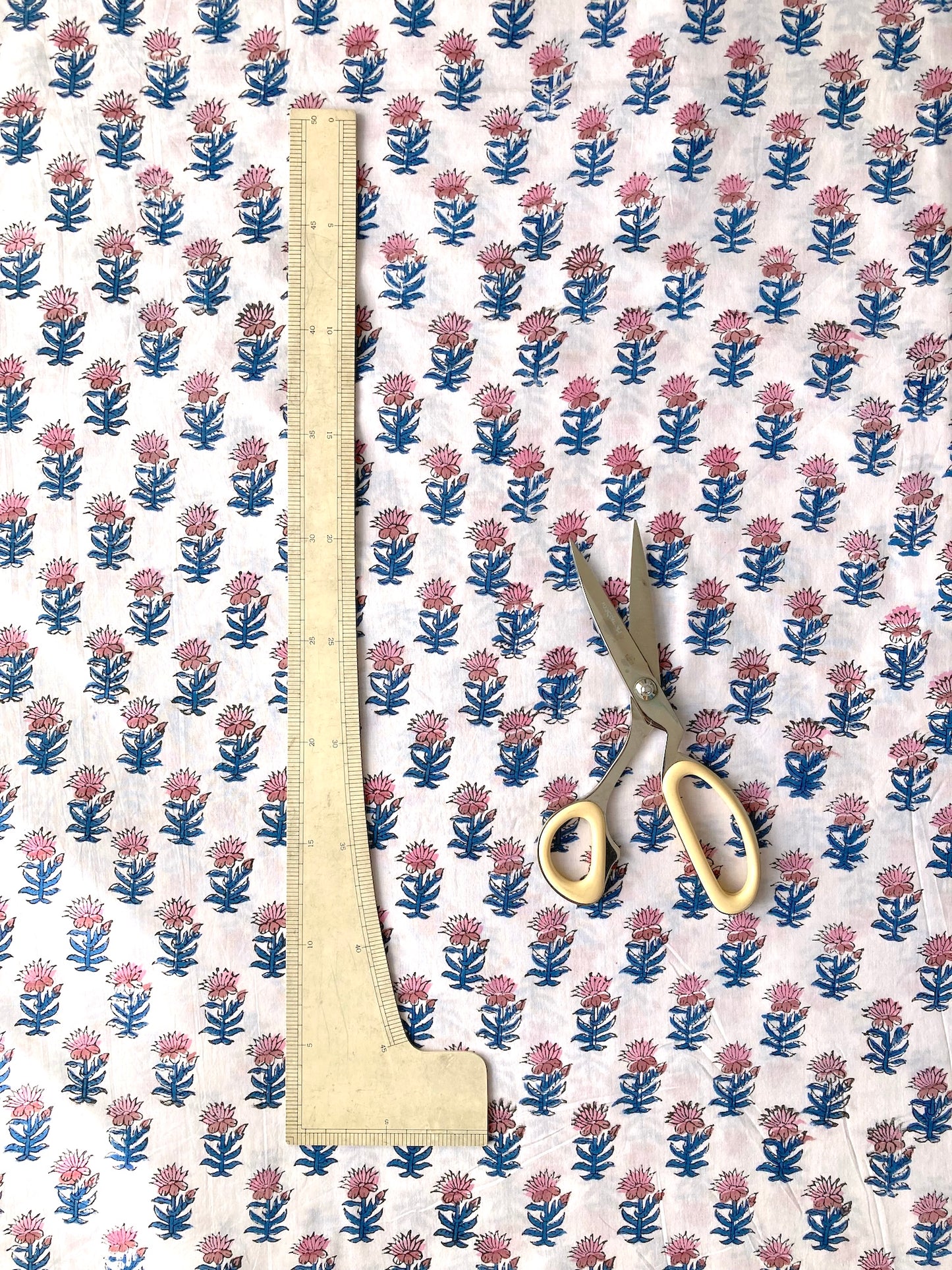 Hand Block Print White Floral Cotton Fabric  #273-14