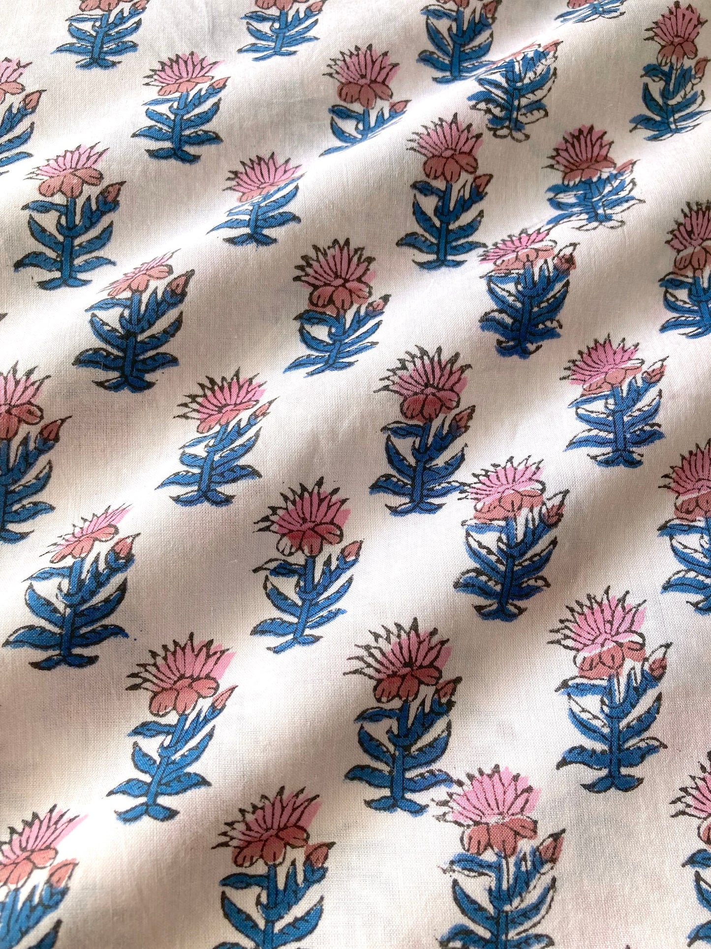 Hand Block Print White Floral Cotton Fabric  #273-14