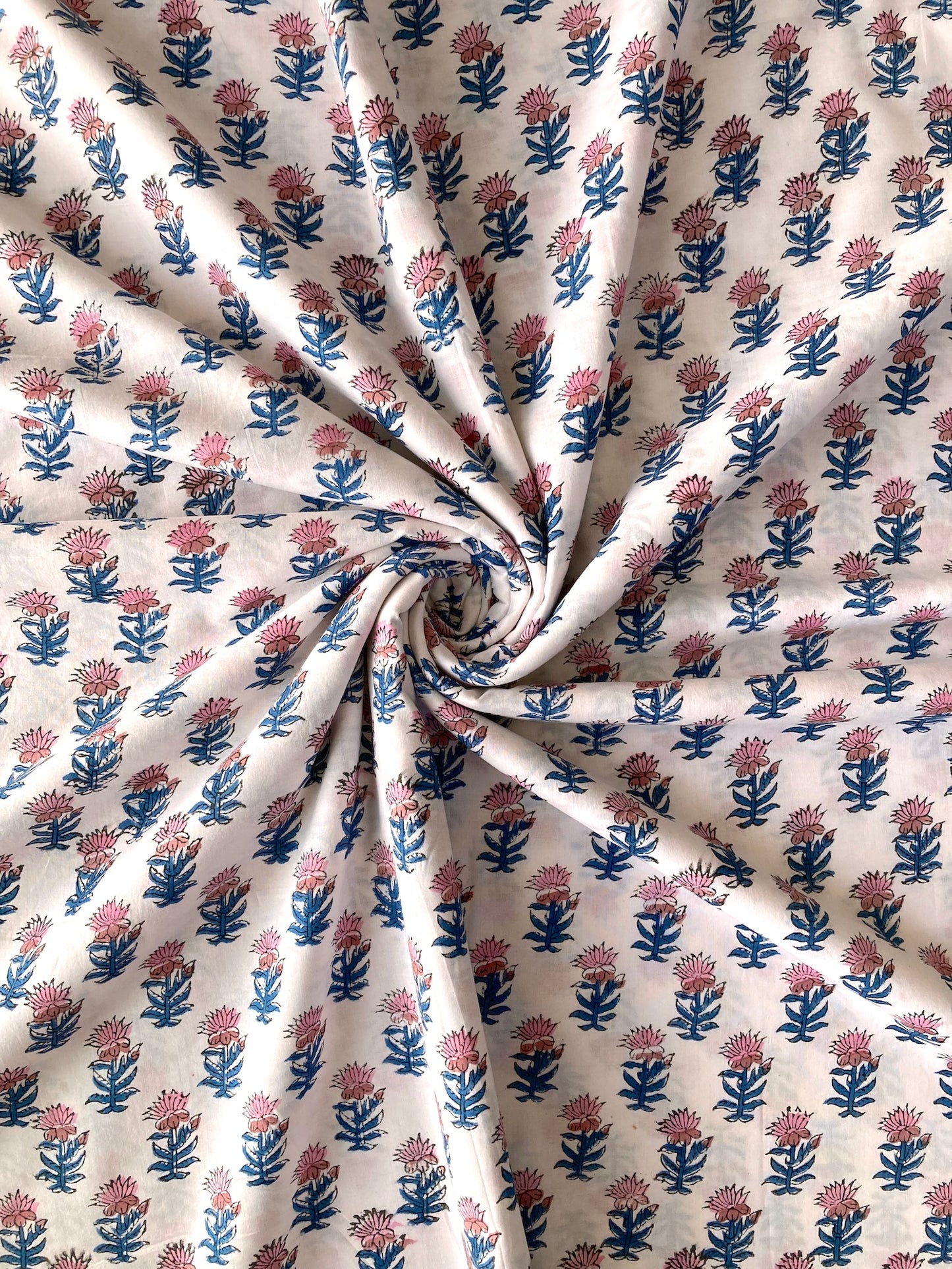 Hand Block Print White Floral Cotton Fabric  #273-14