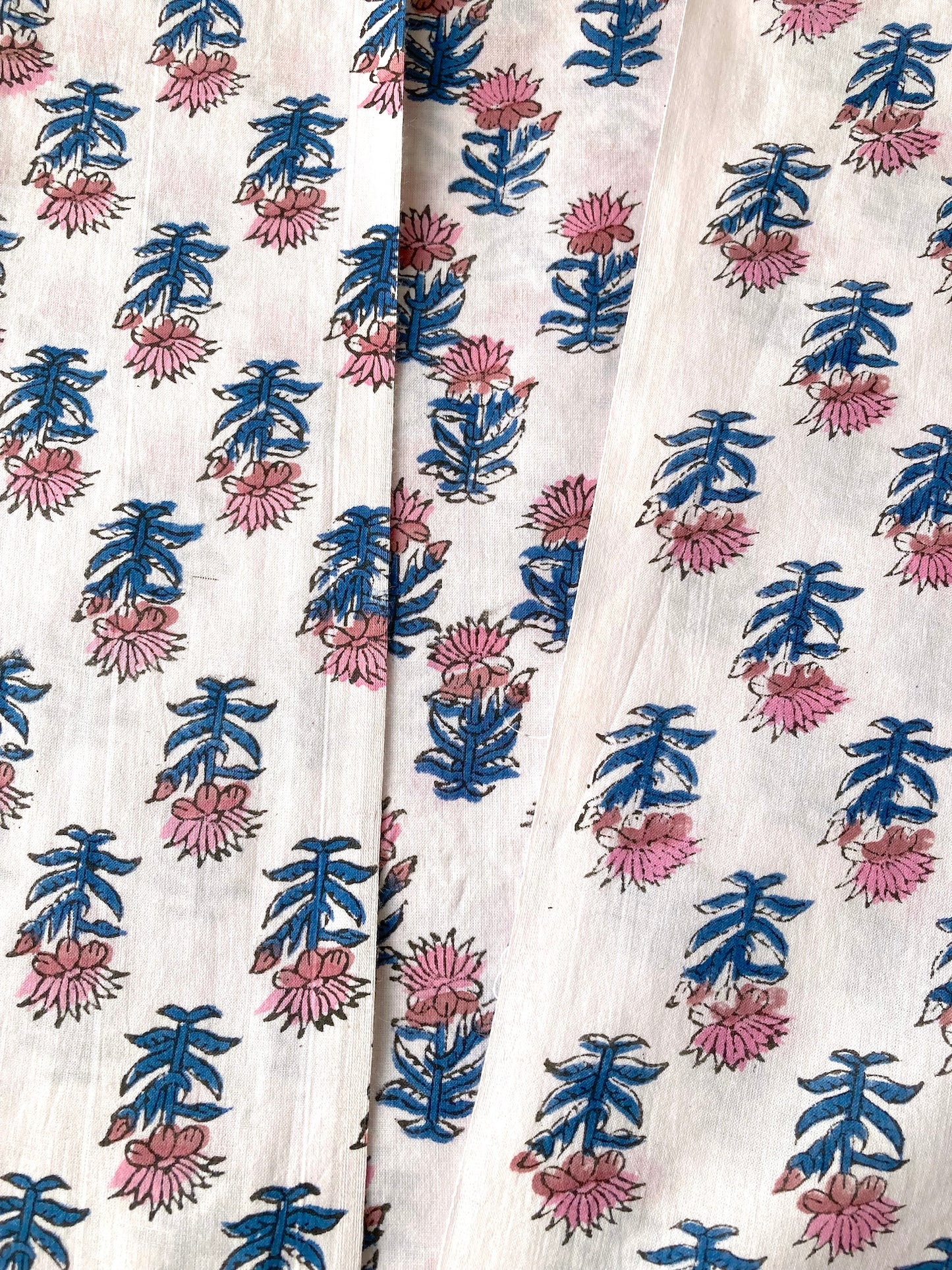 Hand Block Print White Floral Cotton Fabric  #273-14