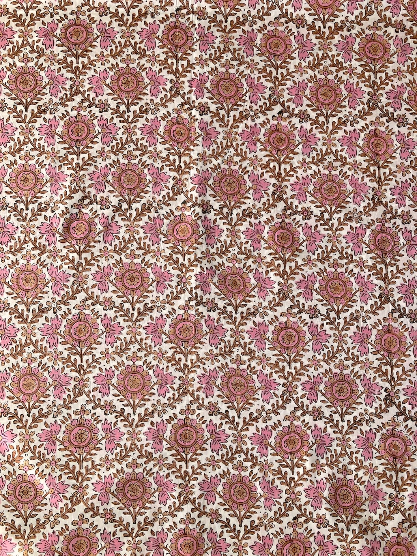 ハンドブロックプリント ピンク x ブラウン コットンプリント生地  #287-16