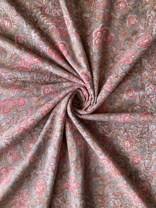 ハンドブロックプリント グレー x ピンク 花柄 コットンプリント生地  #289-11