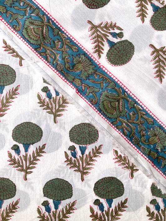 ハンドブロックプリント ホワイト x グリーン コットンプリント生地  #289-14