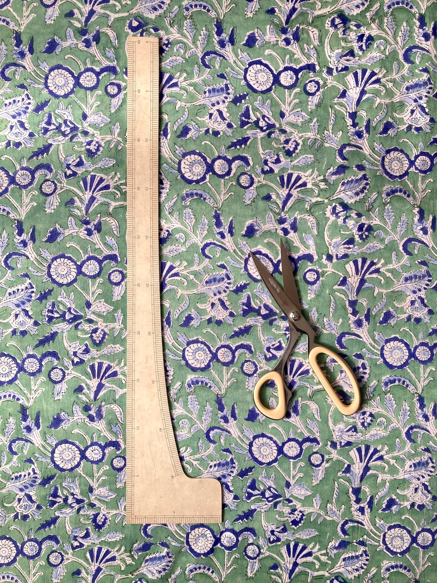 ハンドブロックプリント グリーン 花柄 コットンプリント生地  #289-16