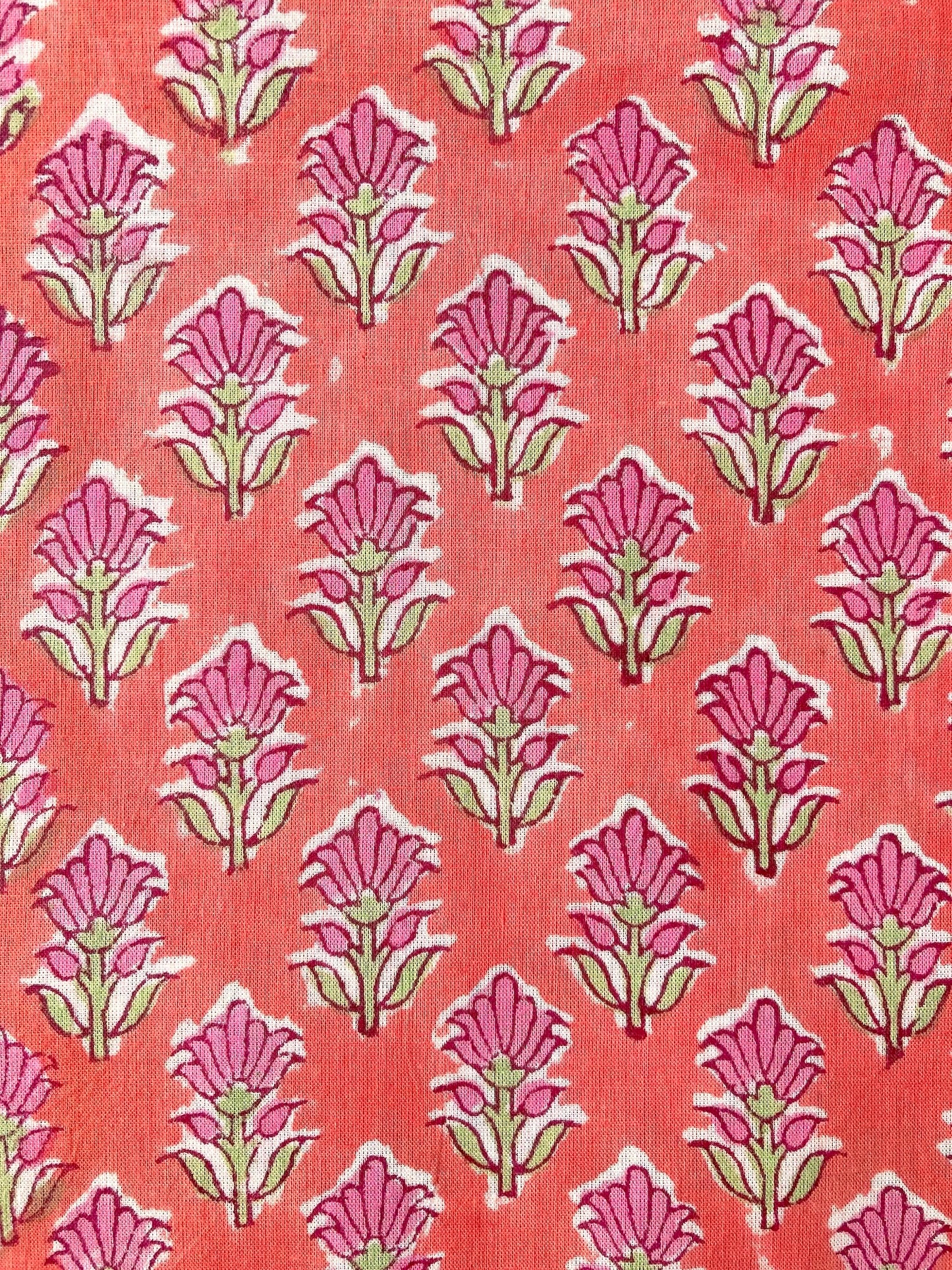 ハンドブロックプリント コーラル 小花柄 コットンプリント生地  #289-17
