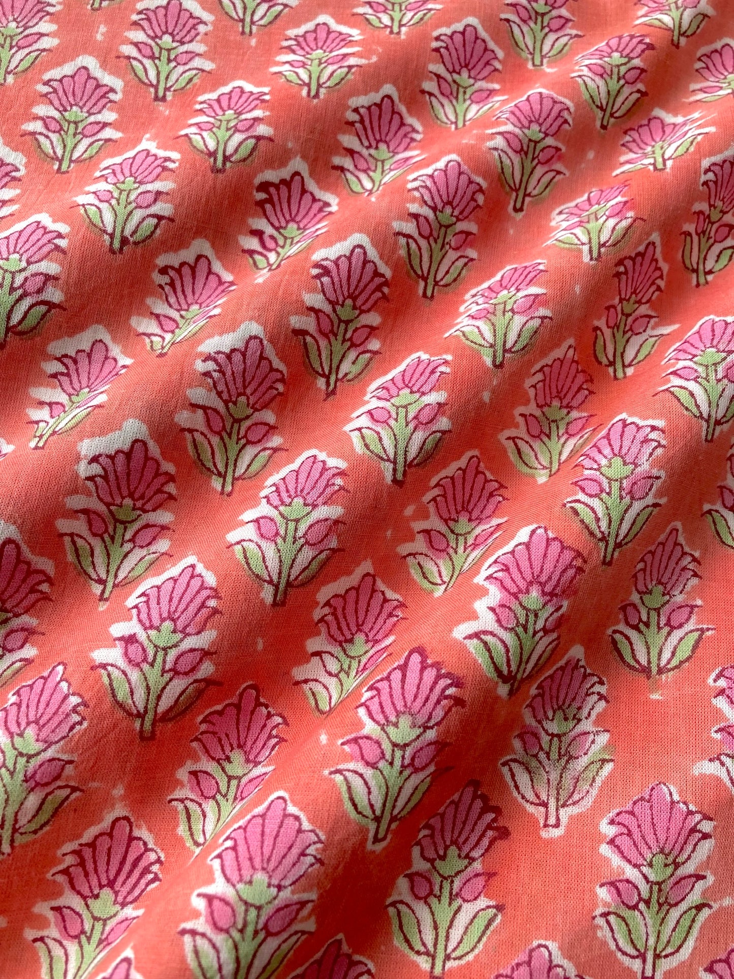 ハンドブロックプリント コーラル 小花柄 コットンプリント生地  #289-17