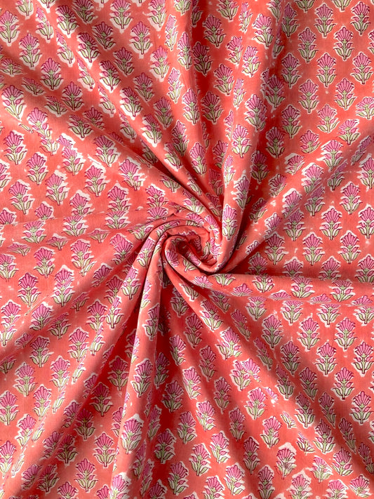 ハンドブロックプリント コーラル 小花柄 コットンプリント生地  #289-17