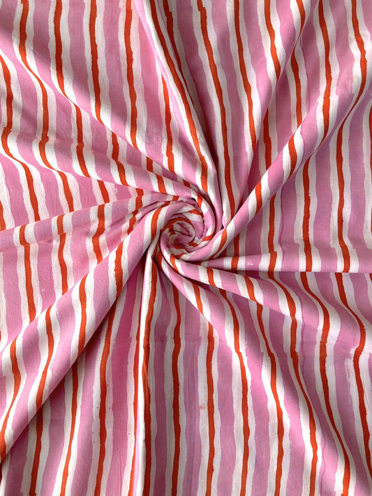 ハンドブロックプリント ピンク ストライプ コットンプリント生地  #289-19