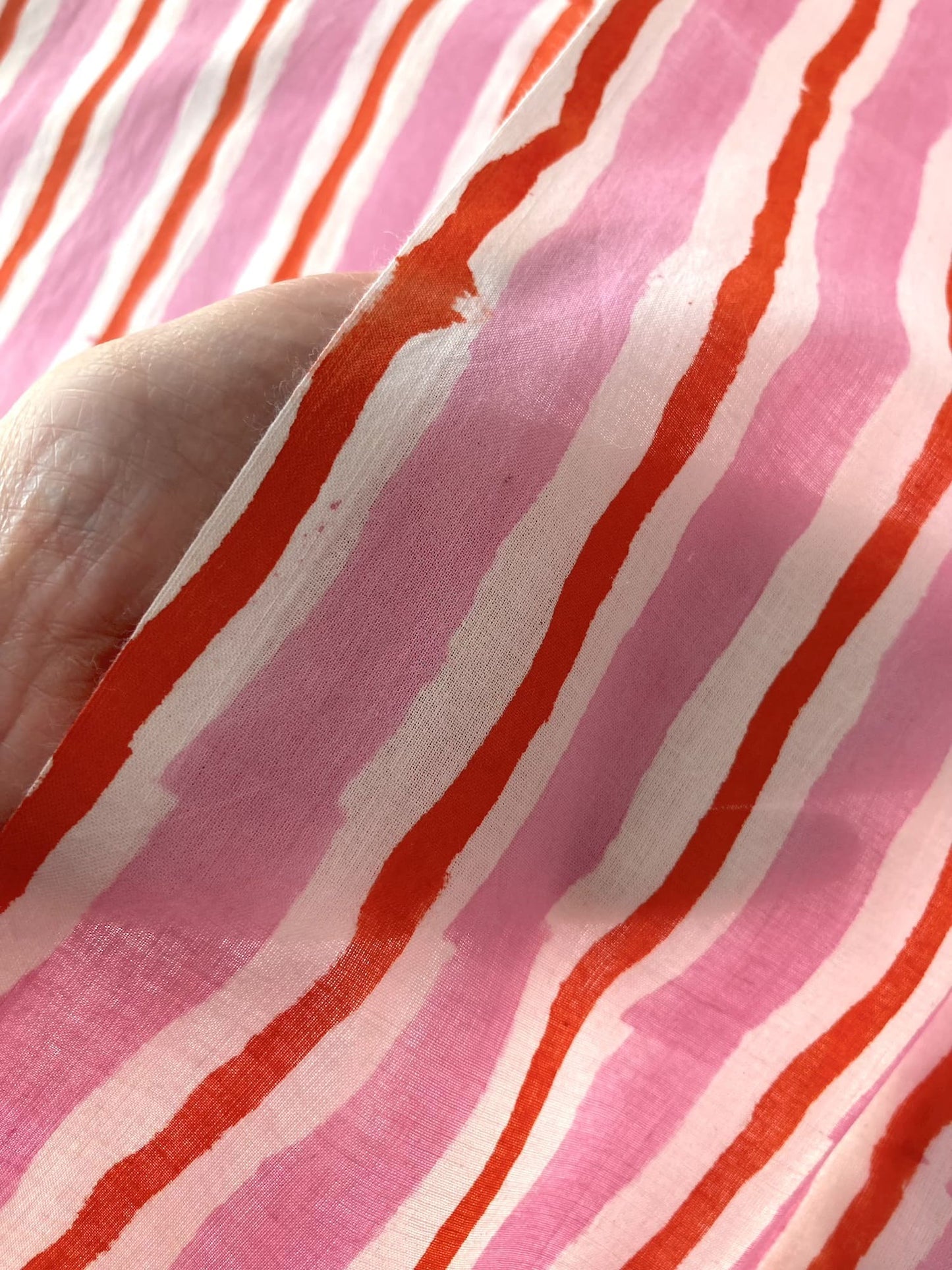 ハンドブロックプリント ピンク ストライプ コットンプリント生地  #289-19