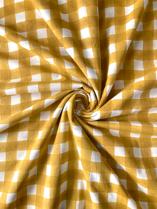 ハンドブロックプリント イエロー チェック 花柄 コットンプリント生地  #289-20