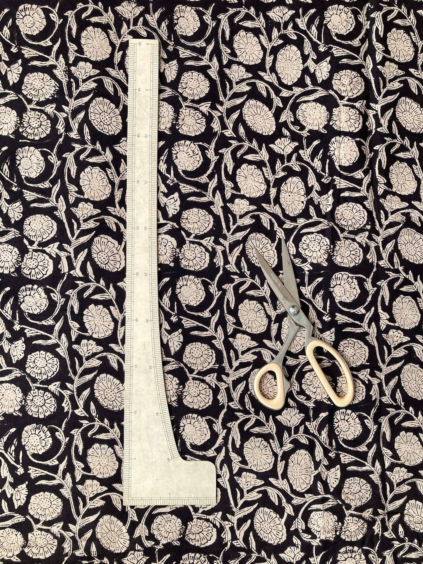 Hand Block Print Bagru Black Floral Cotton Fabric  #289-4