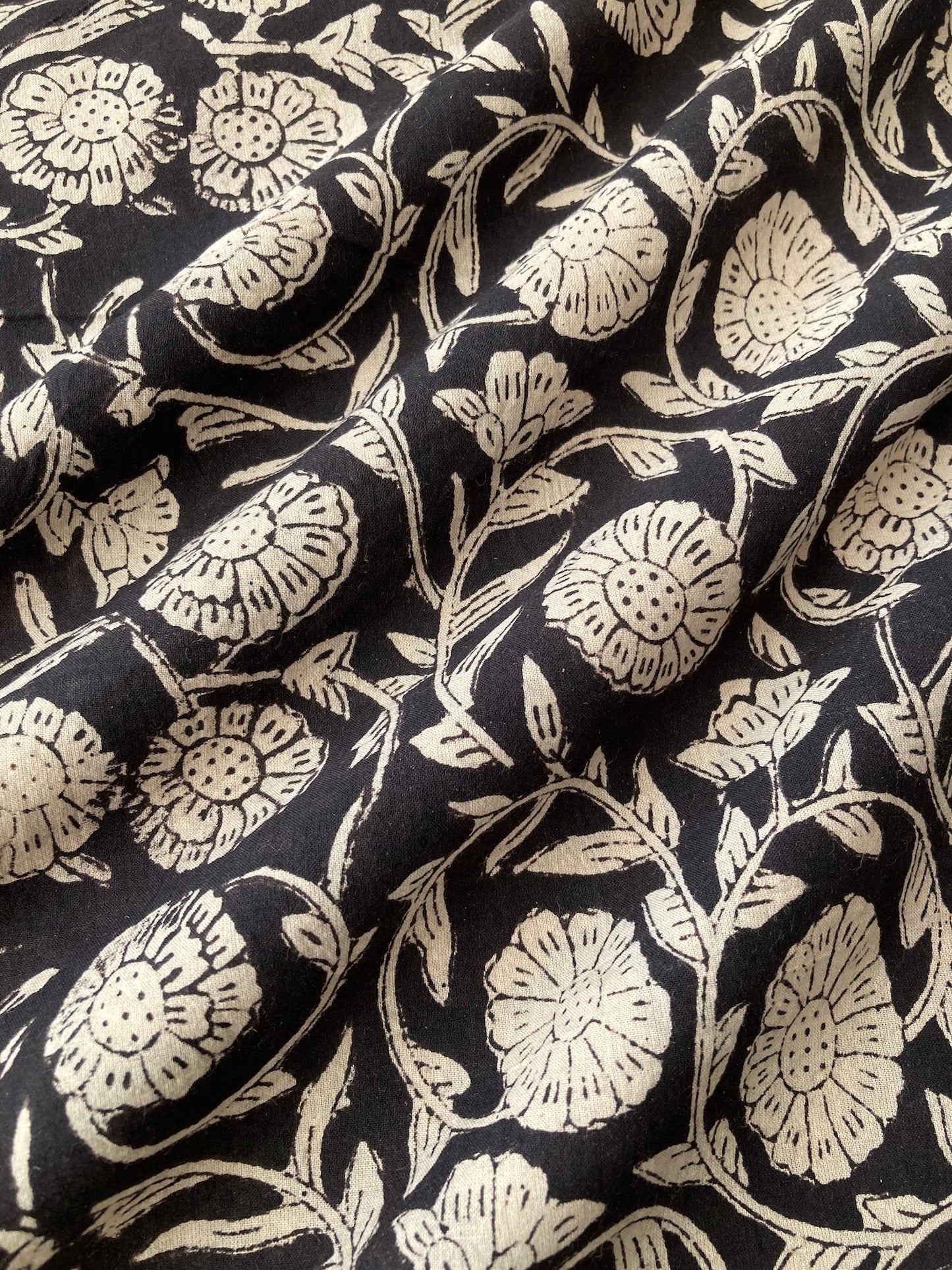 Hand Block Print Bagru Black Floral Cotton Fabric  #289-4