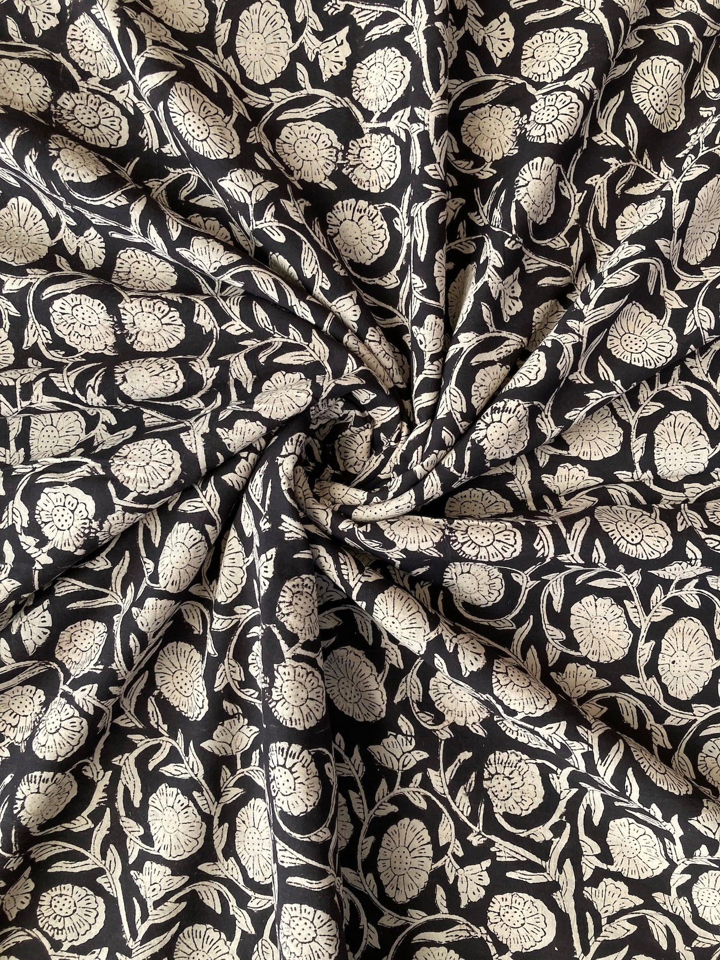 Hand Block Print Bagru Black Floral Cotton Fabric  #289-4