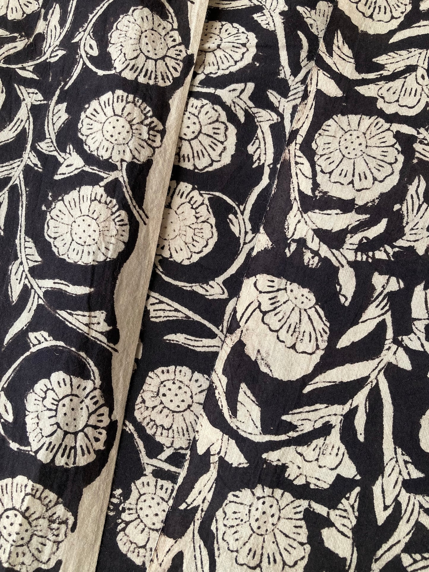 Hand Block Print Bagru Black Floral Cotton Fabric  #289-4