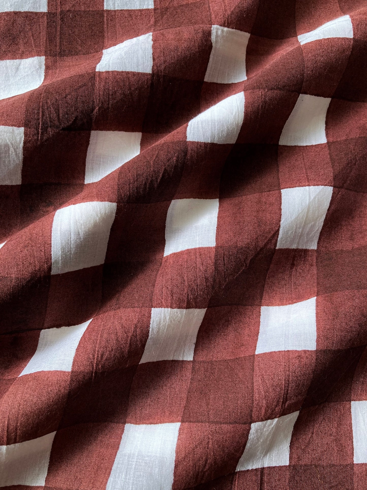 ハンドブロックプリント ダークブラウン チェック 花柄 コットンプリント生地  #289-5