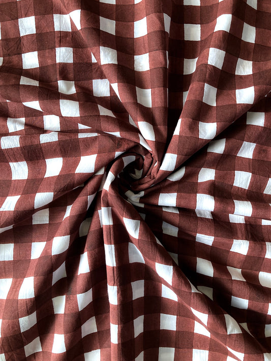 ハンドブロックプリント ダークブラウン チェック 花柄 コットンプリント生地  #289-5