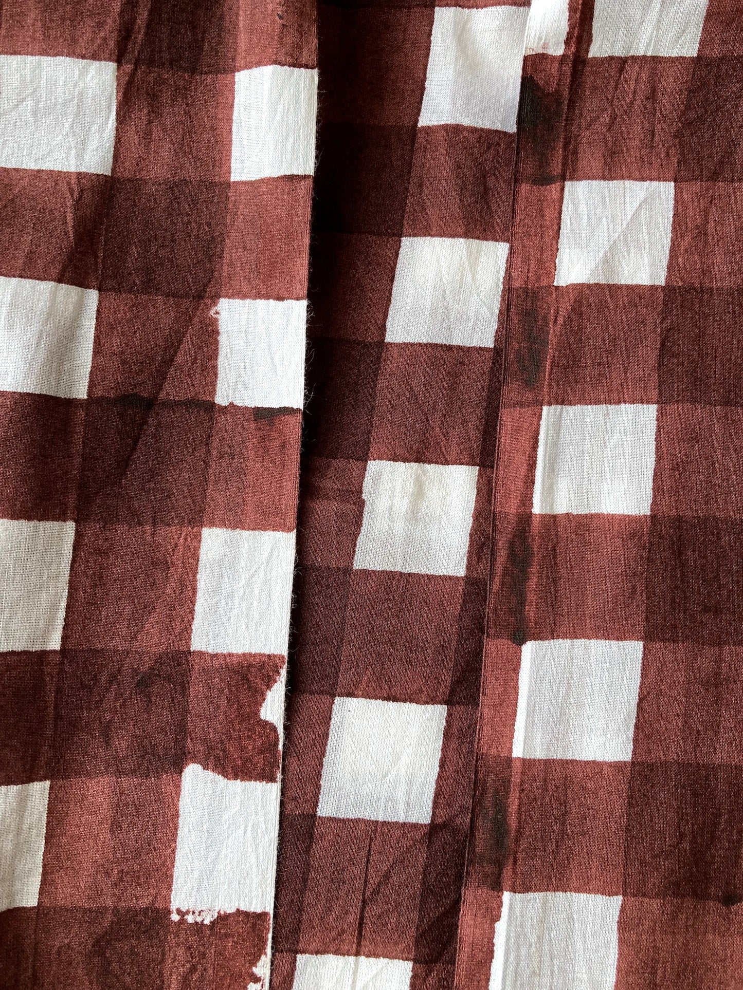 ハンドブロックプリント ダークブラウン チェック 花柄 コットンプリント生地  #289-5