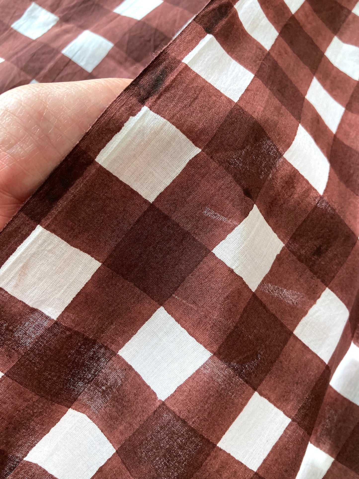 ハンドブロックプリント ダークブラウン チェック 花柄 コットンプリント生地  #289-5
