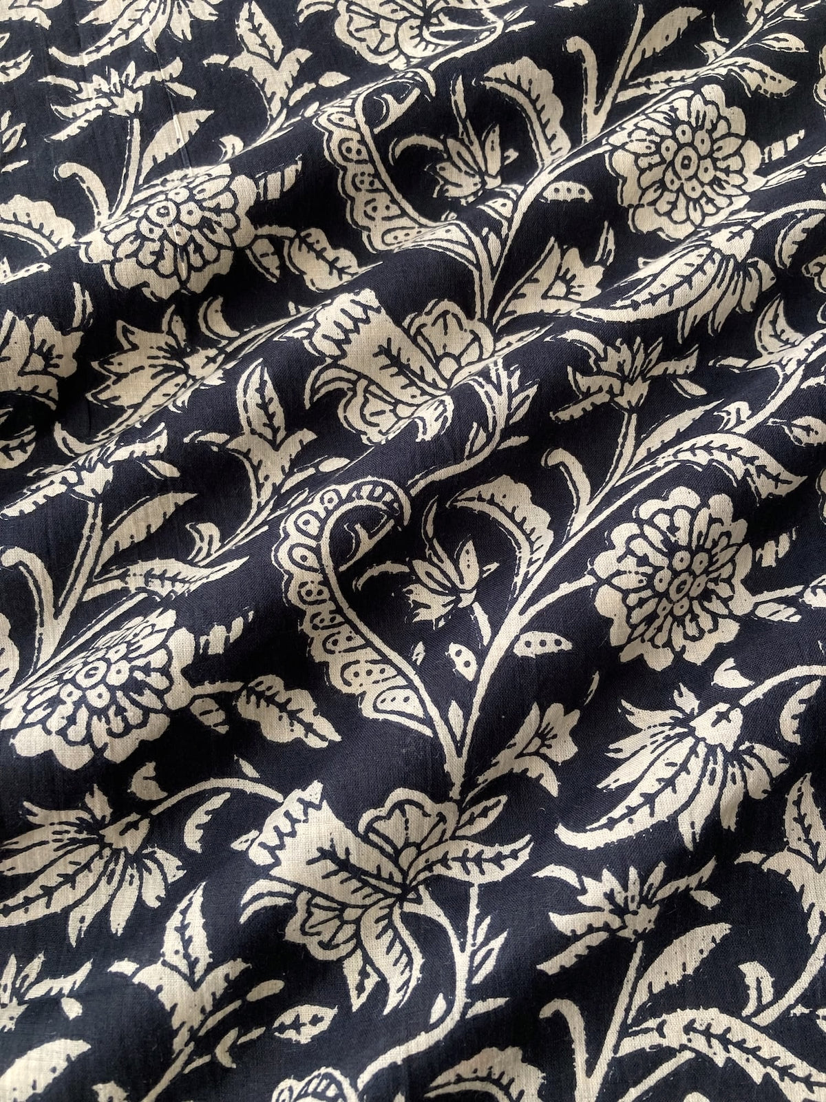 Hand Block Print Gray x Blue Floral Cotton Fabric   #316-19