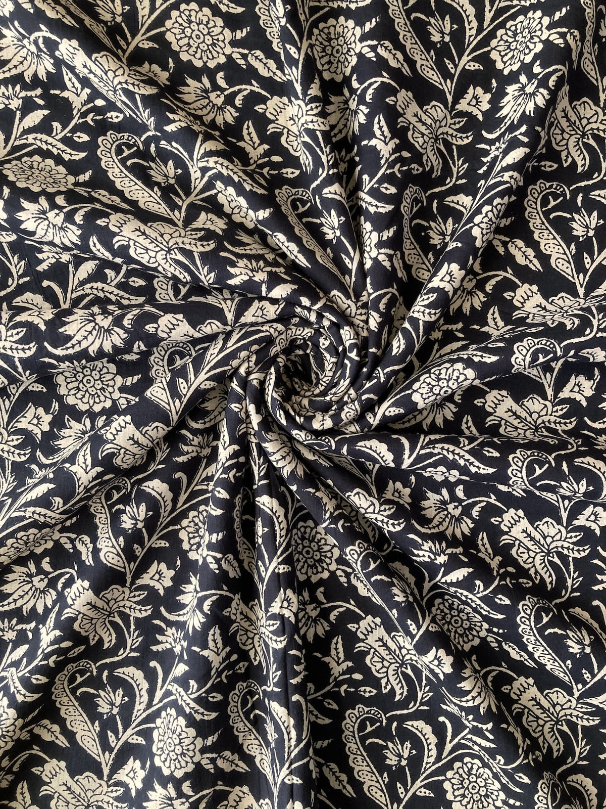 Hand Block Print Gray x Blue Floral Cotton Fabric   #316-19