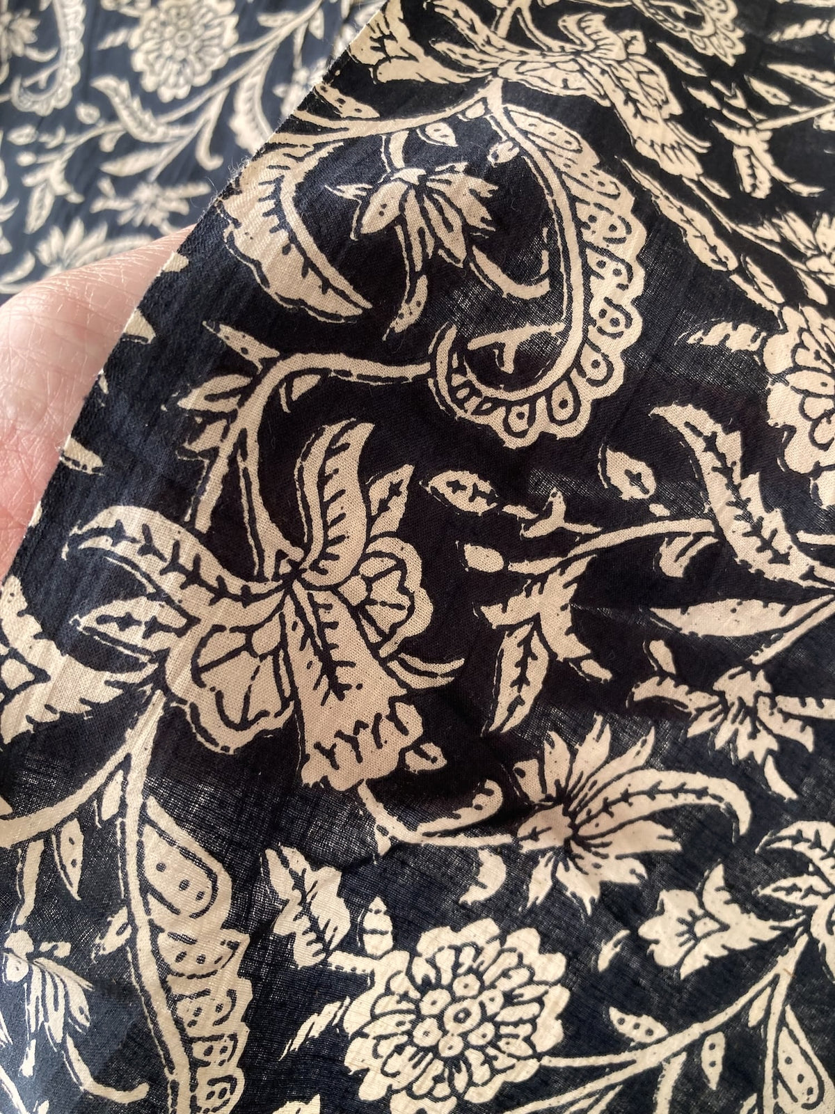 Hand Block Print Gray x Blue Floral Cotton Fabric   #316-19