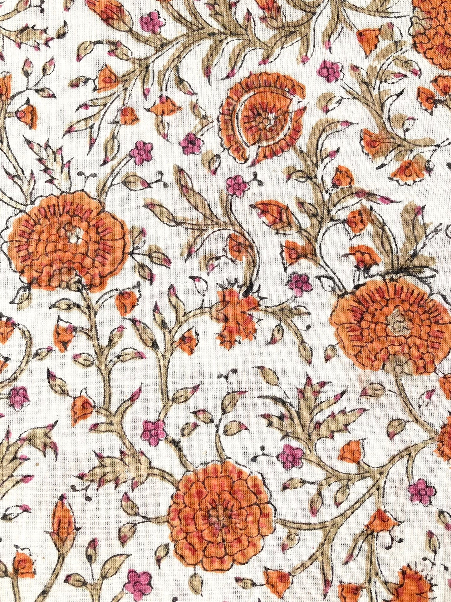 ハンドブロックプリント ホワイト オレンジ 花柄 コットンプリント生地  #296-3