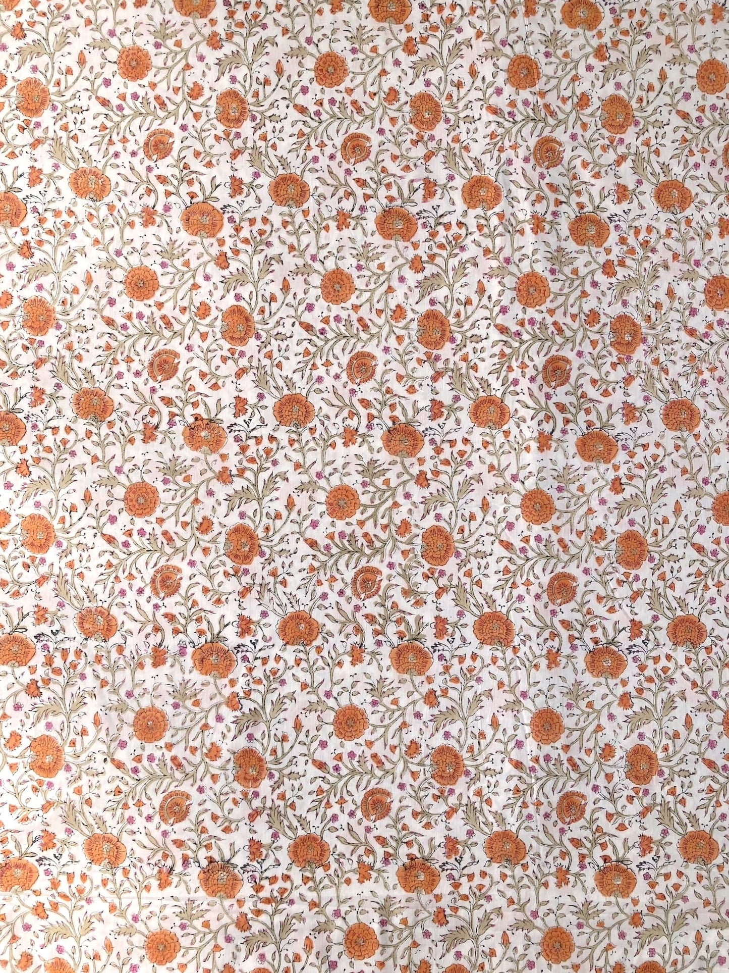 ハンドブロックプリント ホワイト オレンジ 花柄 コットンプリント生地  #296-3