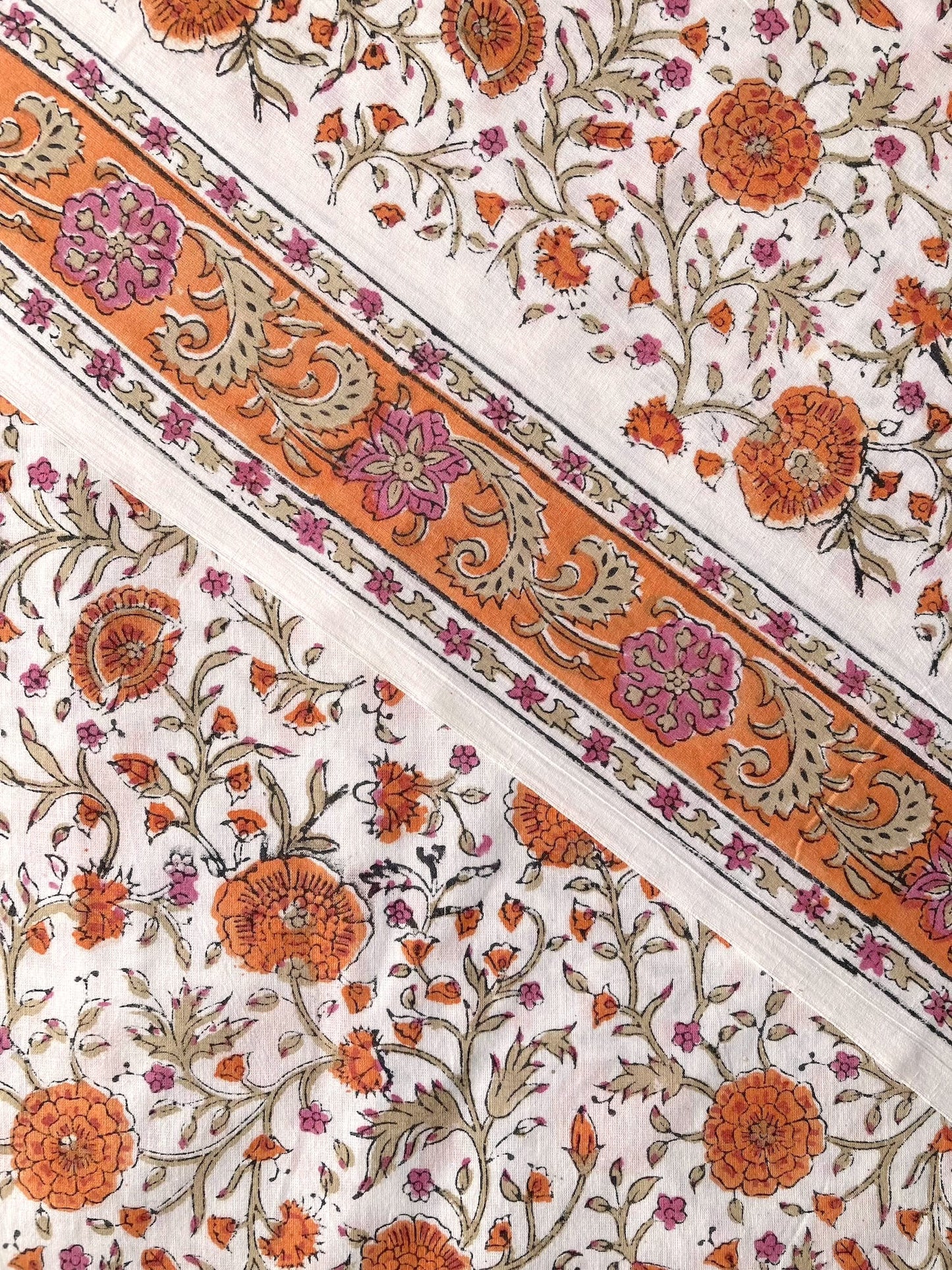 ハンドブロックプリント ホワイト オレンジ 花柄 コットンプリント生地  #296-3