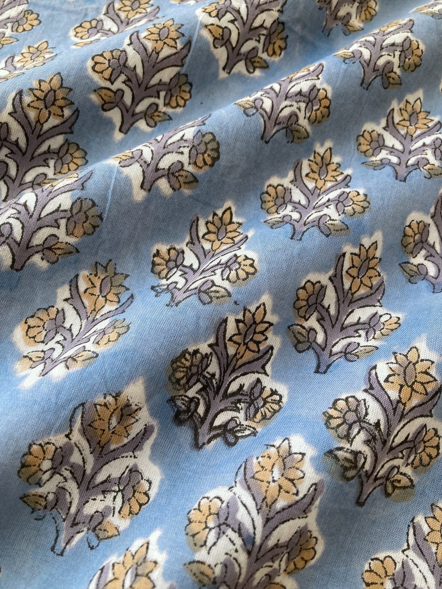 ハンドブロックプリント ライトブルー 小花柄 コットンプリント生地  #296-4