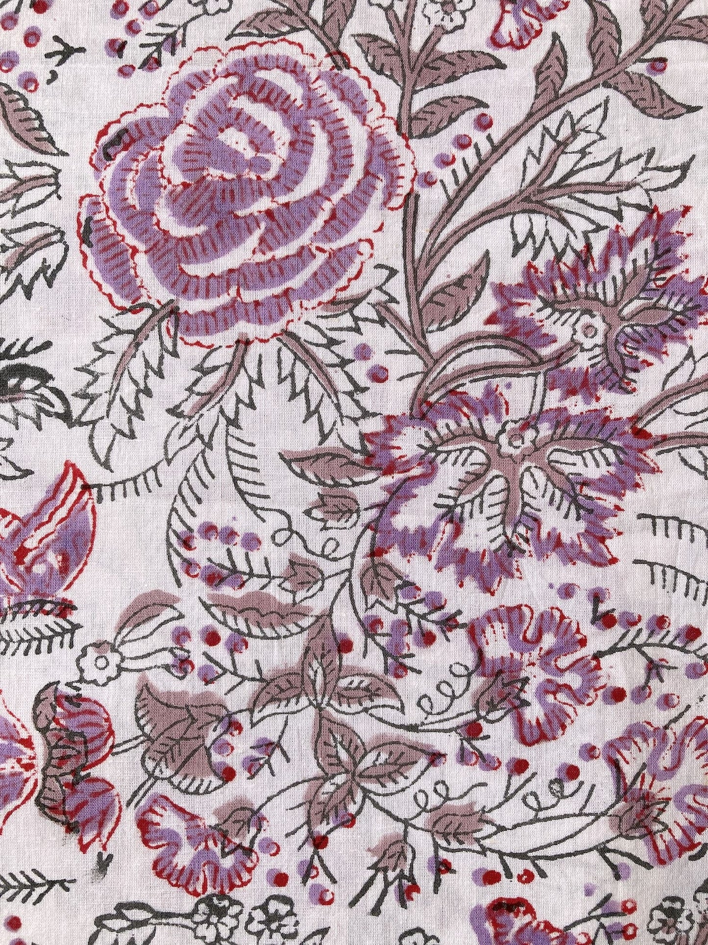 Hand Block Print White x Purple Floral Cotton Fabric  #298-3