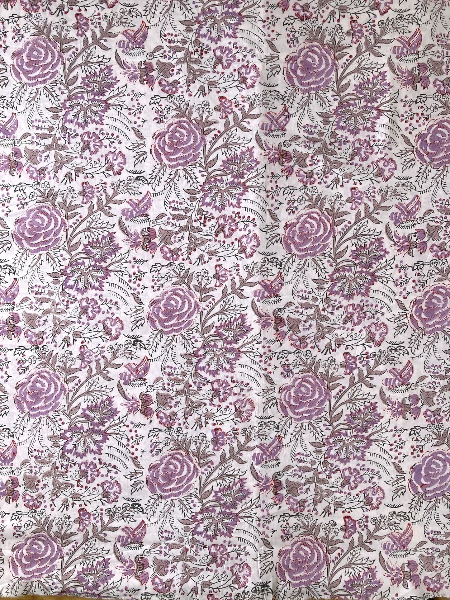 Hand Block Print White x Purple Floral Cotton Fabric  #298-3