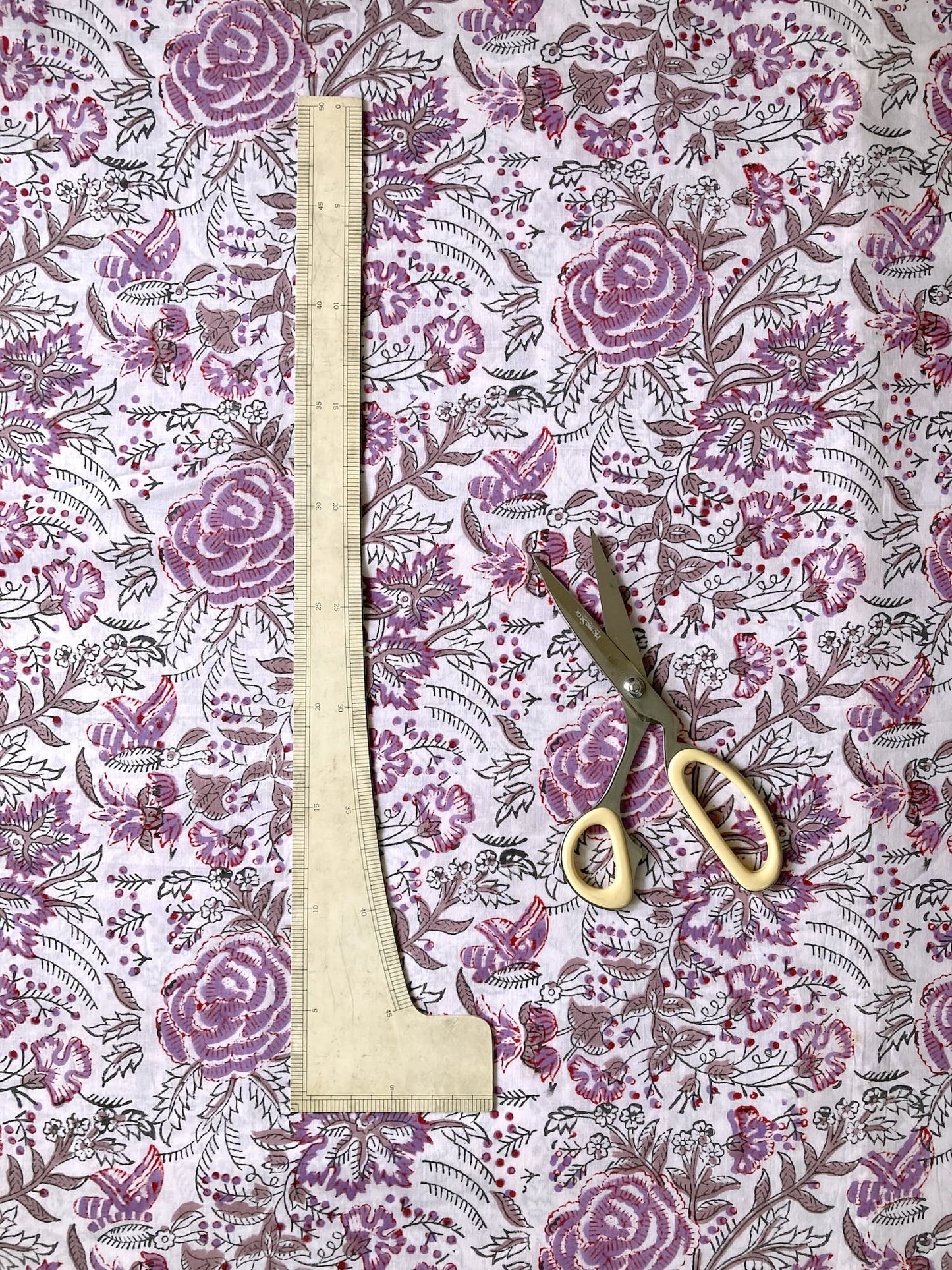 Hand Block Print White x Purple Floral Cotton Fabric  #298-3